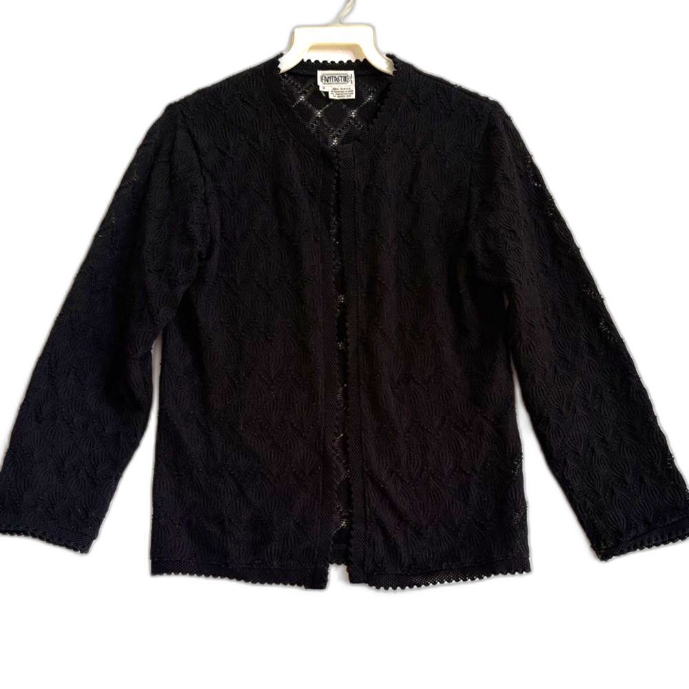 Ladies Vintage 60s Black Crochet Open-Front Acrylic Cardigan Made in Japan - Sm